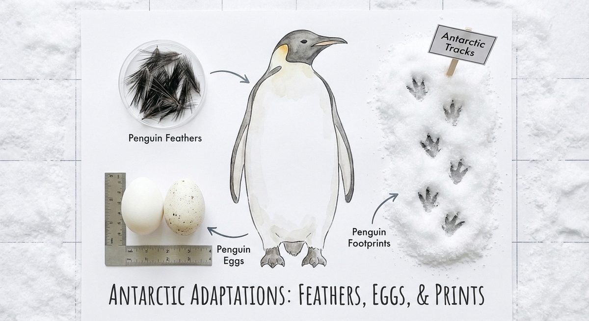 Pinguin-Federn, Eier und Fussabdrücke im Schnee