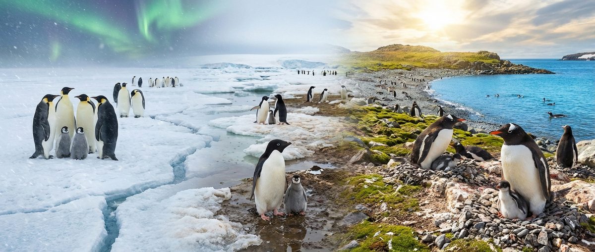 Pinguin-Kolonie im Wechsel der Jahreszeiten