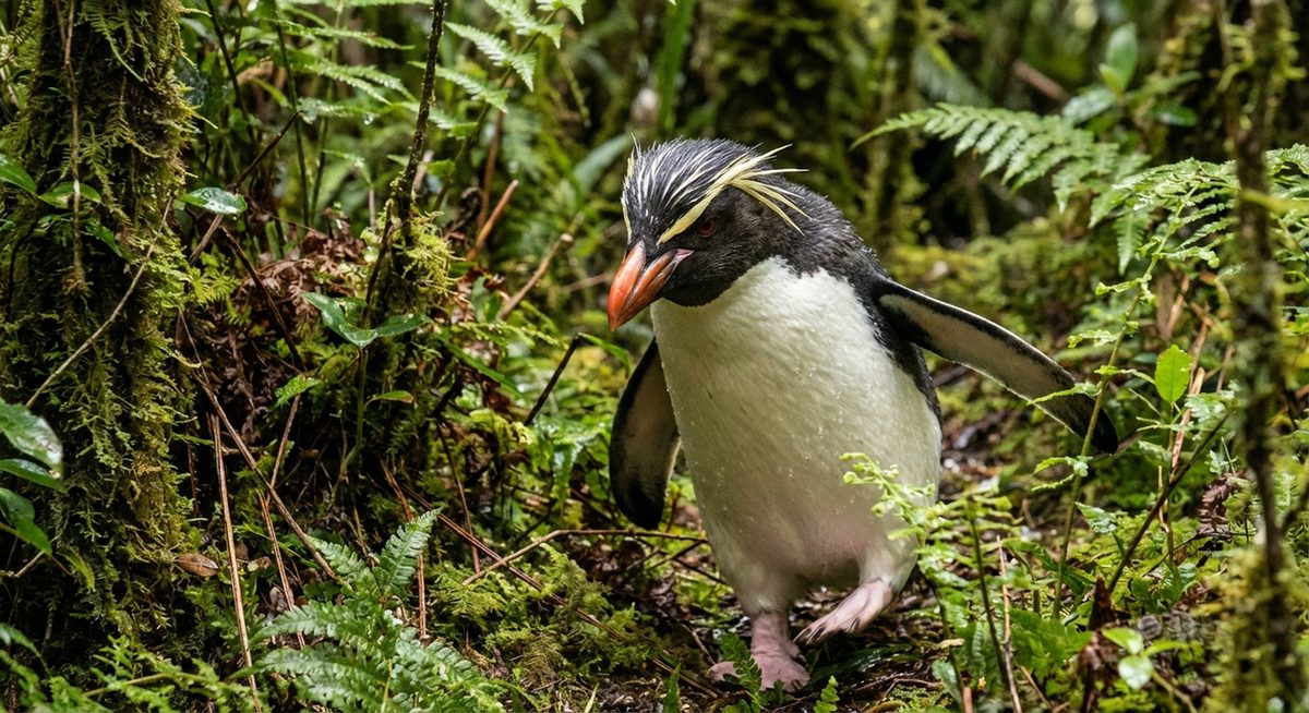 Dickschnabelpinguin im neuseeländischen Regenwald