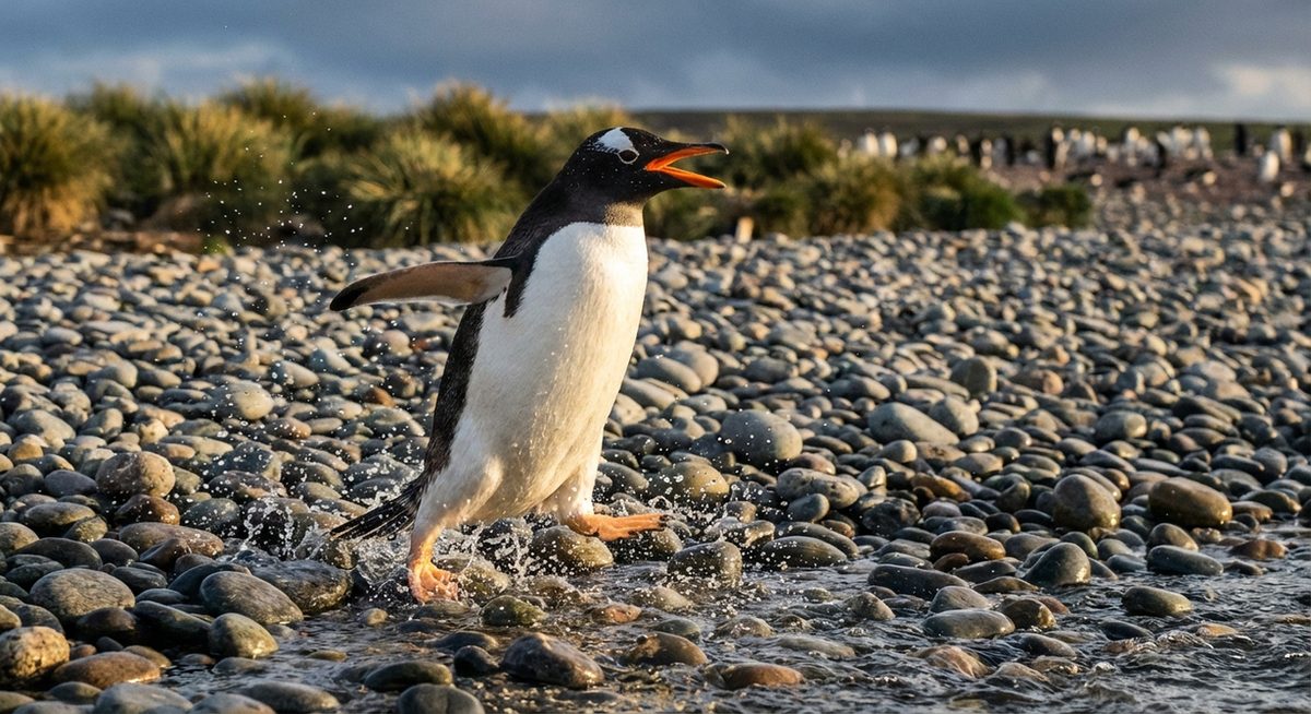 Eselspinguin läuft über einen Kieselstrand
