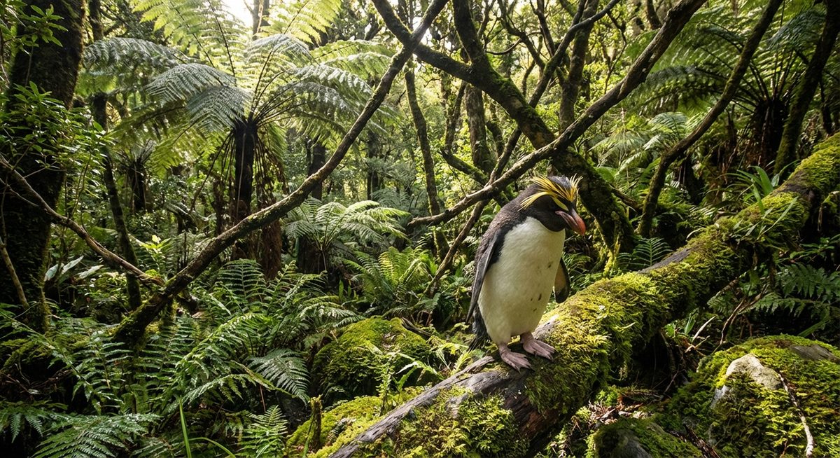 Haubenpinguin im neuseeländischen Regenwald
