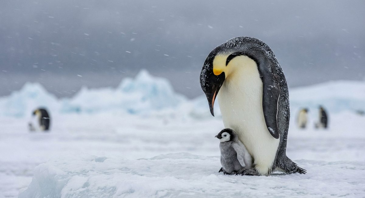 Kaiserpinguin mit Küken auf antarktischem Eis