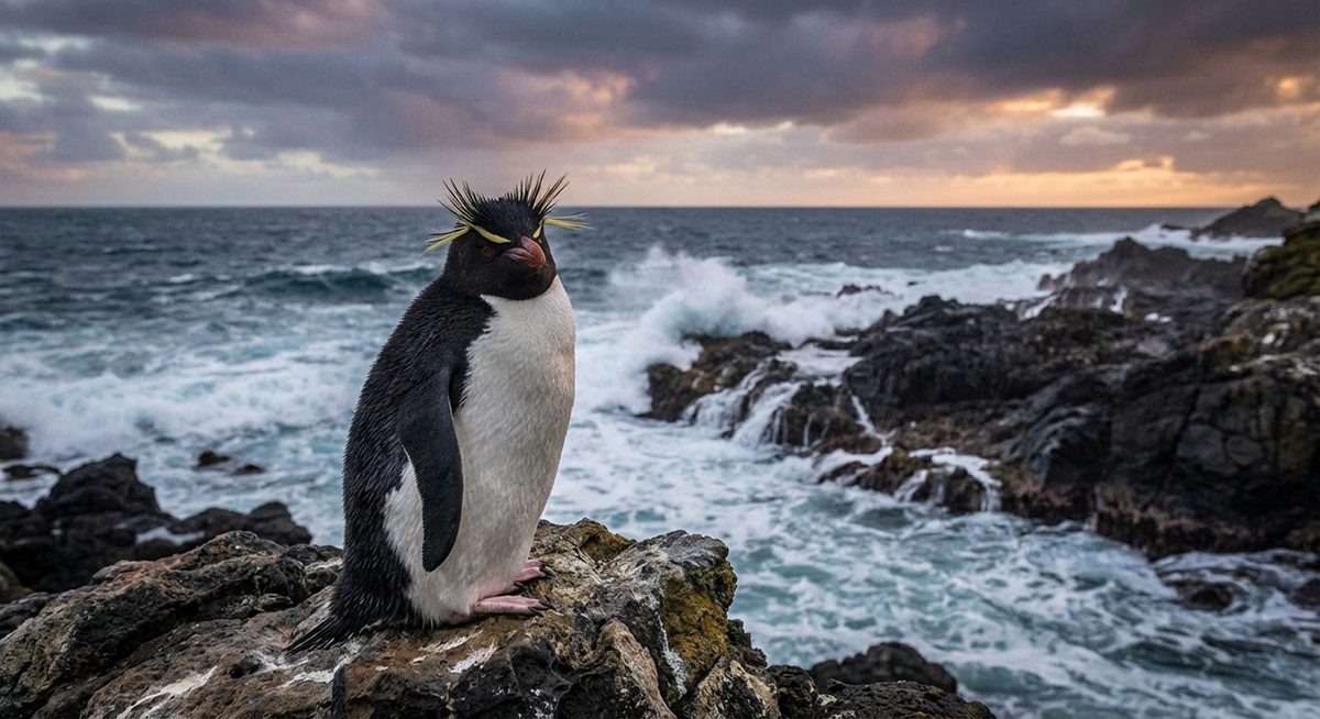 Kronenpinguin mit aufrechtem gelbem Federschopf