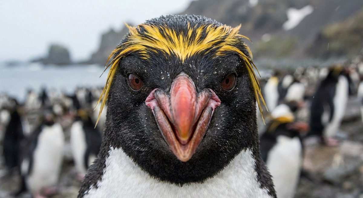 Macaronipinguin-Porträt mit goldenem Federschopf