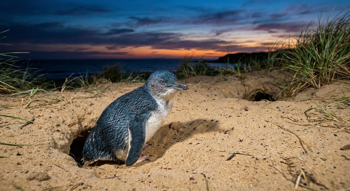 Zwergpinguin kommt aus seinem Bau